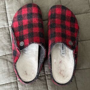 BIRKENSTOCK Red and Black Buffalo Plaid Slippers